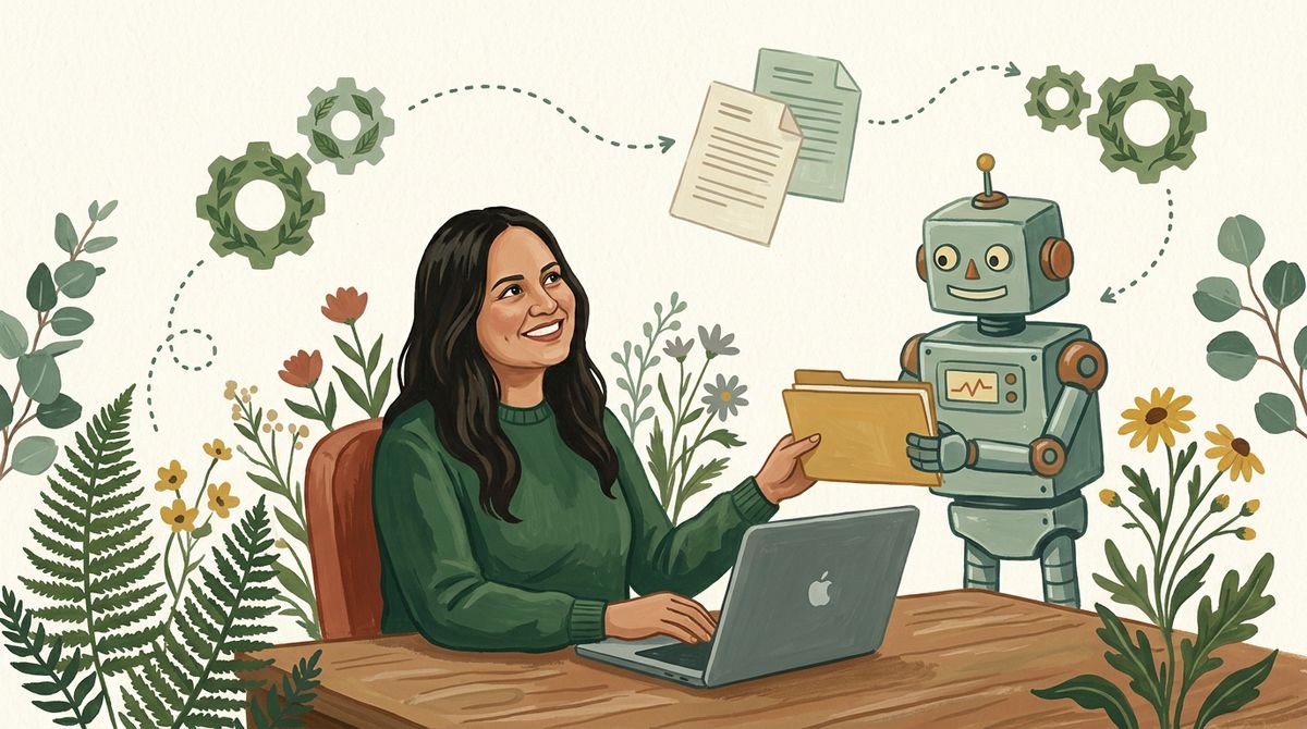 Ilustración de Mariemily Silva, Intelligent Automation Engineer, trabajando en su escritorio junto a un robot asistente mientras documentos y engranajes recorren un flujo de automatización