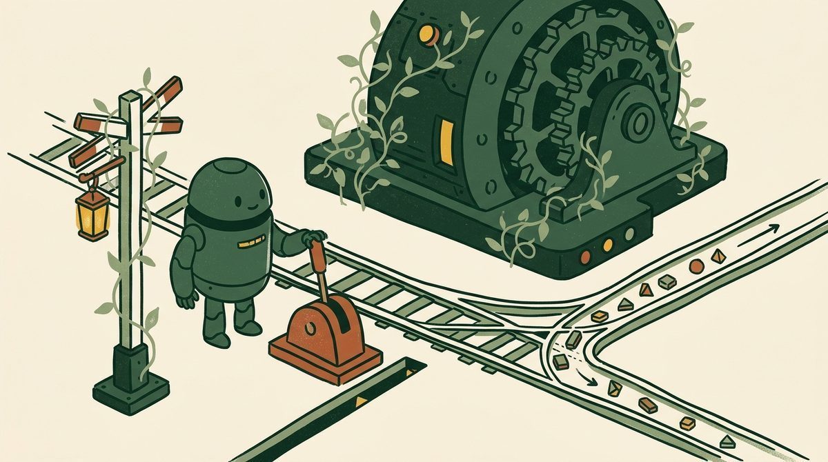 Ilustración editorial flat risograph: un pequeño autómata en verde bosque acciona una palanca terracota para desviar tokens por un canal de baja latencia mientras un motor masivo reposa entre enredaderas.