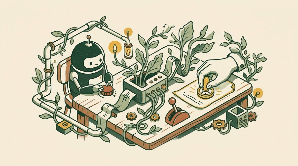 Ilustración editorial flat risograph en tonos verde bosque y terracota: un pequeño autómata ajusta un dispositivo acústico modular mientras una mano humana supervisa el proceso con un sello de autorización sobre un plano de ingeniería.